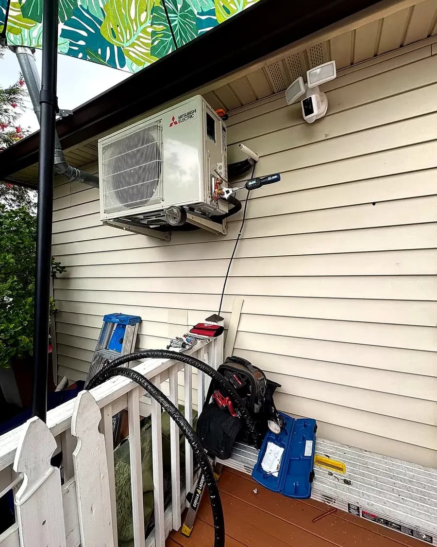 Exterior mini split condenser installed on a home